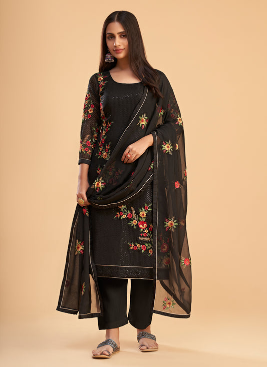 Black Georgette Embroidered Pant Kameez