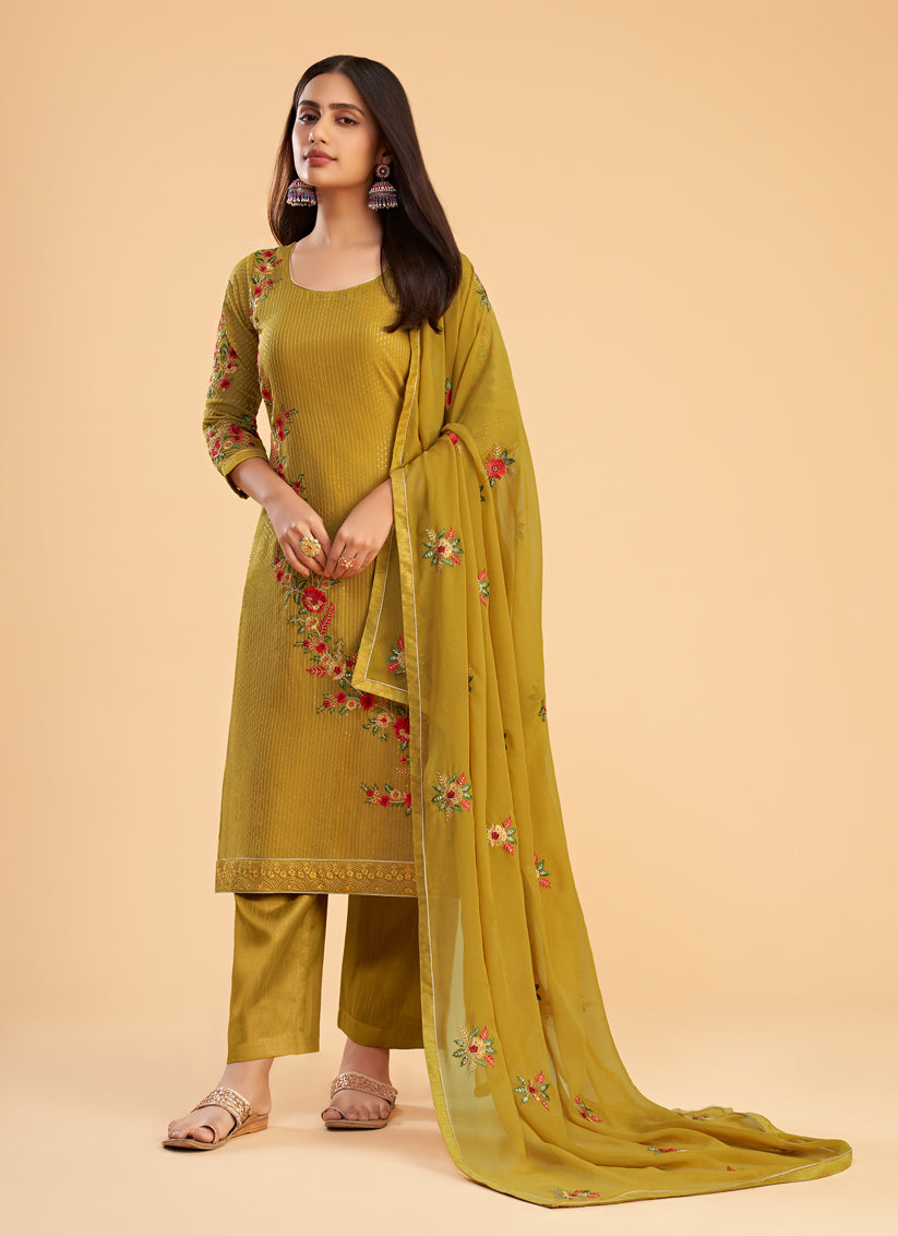 Yellow Georgette Embroidered Pant Kameez