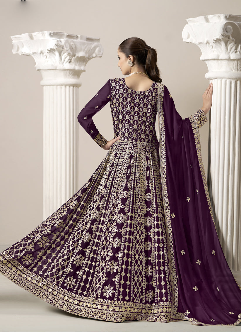 Wine Faux Georgette Embroidered Anarkali Suit