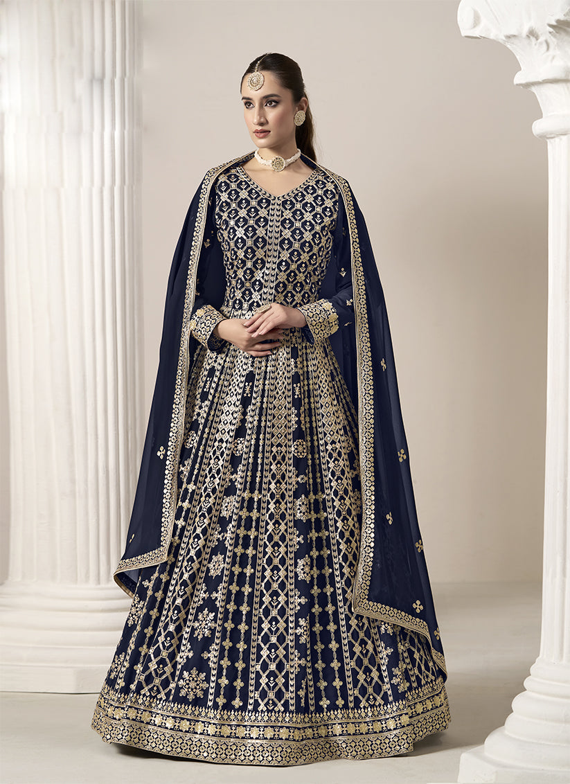 Navy Blue Faux Georgette Embroidered Anarkali Suit