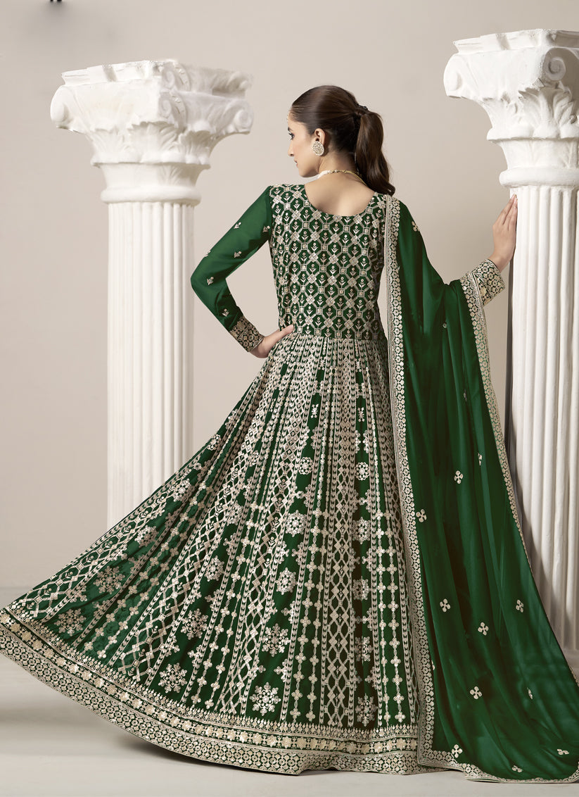 Forest Green Faux Georgette Embroidered Anarkali Suit