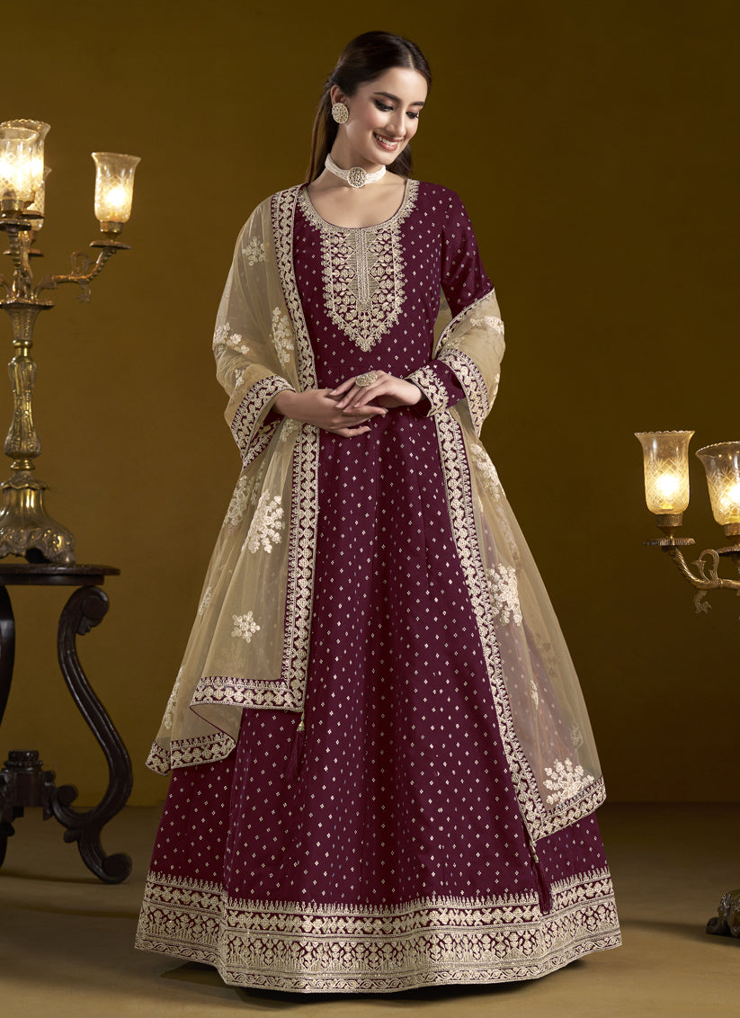 Maroon Chanderi Butti Embroidered Anarkali Suit