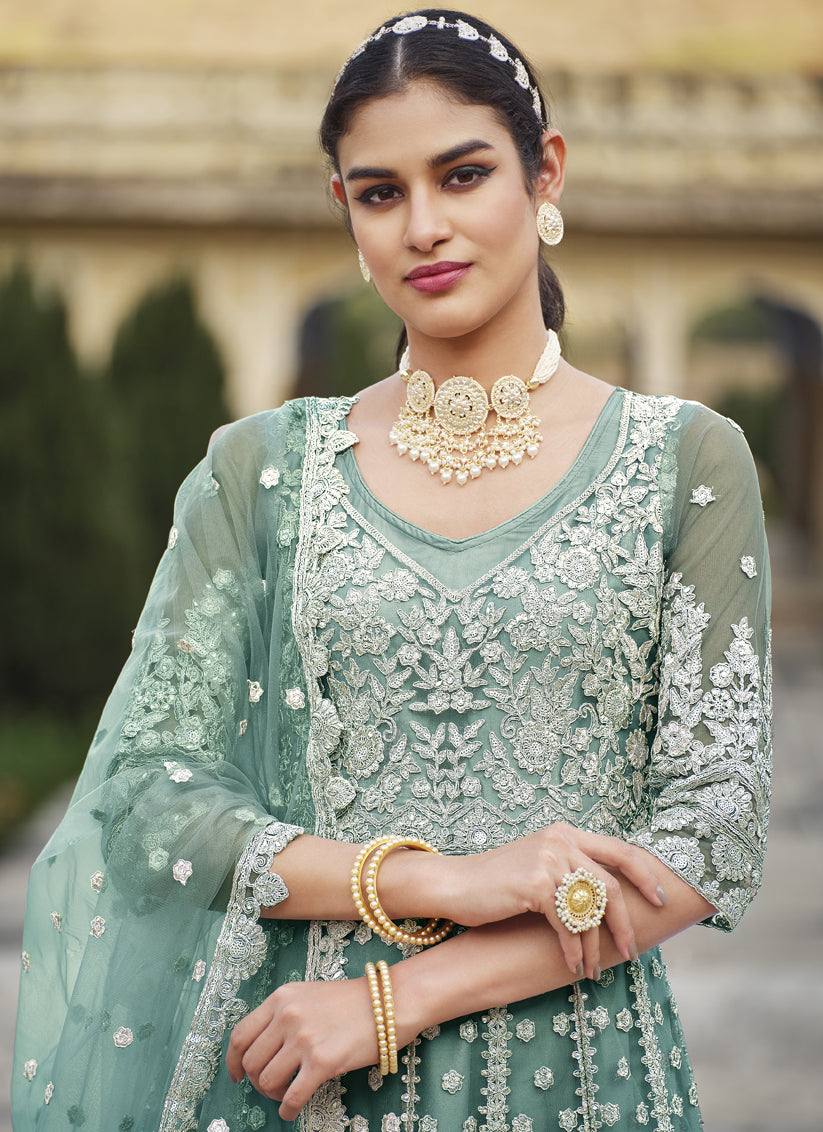 Teal Mint Net Embroidered Designer Anarkali Suit