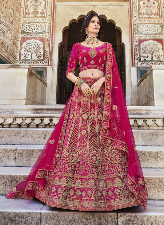 Rani Pink Heavy Velvet Embroidered Bridal Lehenga Choli