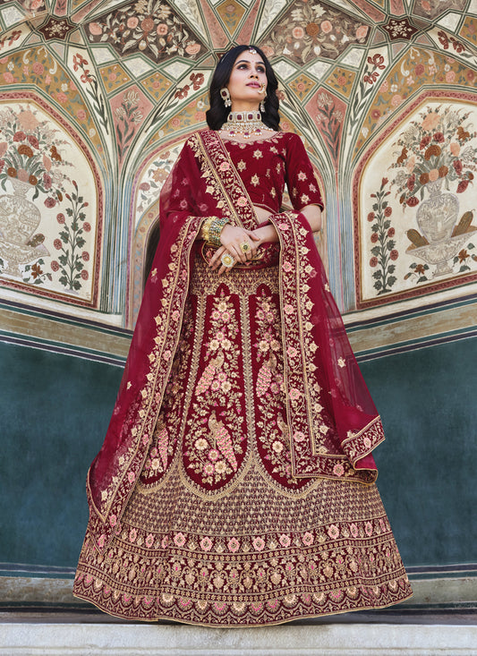 Maroon Heavy Velvet Embroidered Bridal Lehenga Choli