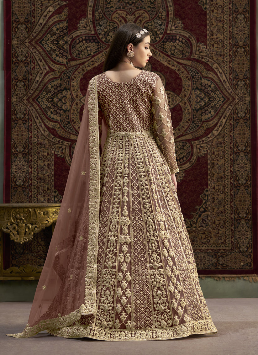 Old Rose Sequins & Embroidered Net Anarkali Suit