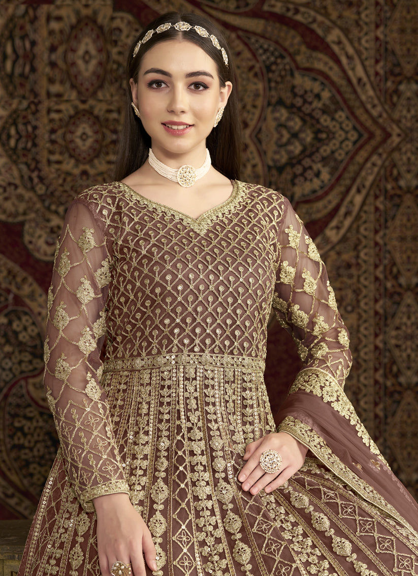 Old Rose Sequins & Embroidered Net Anarkali Suit