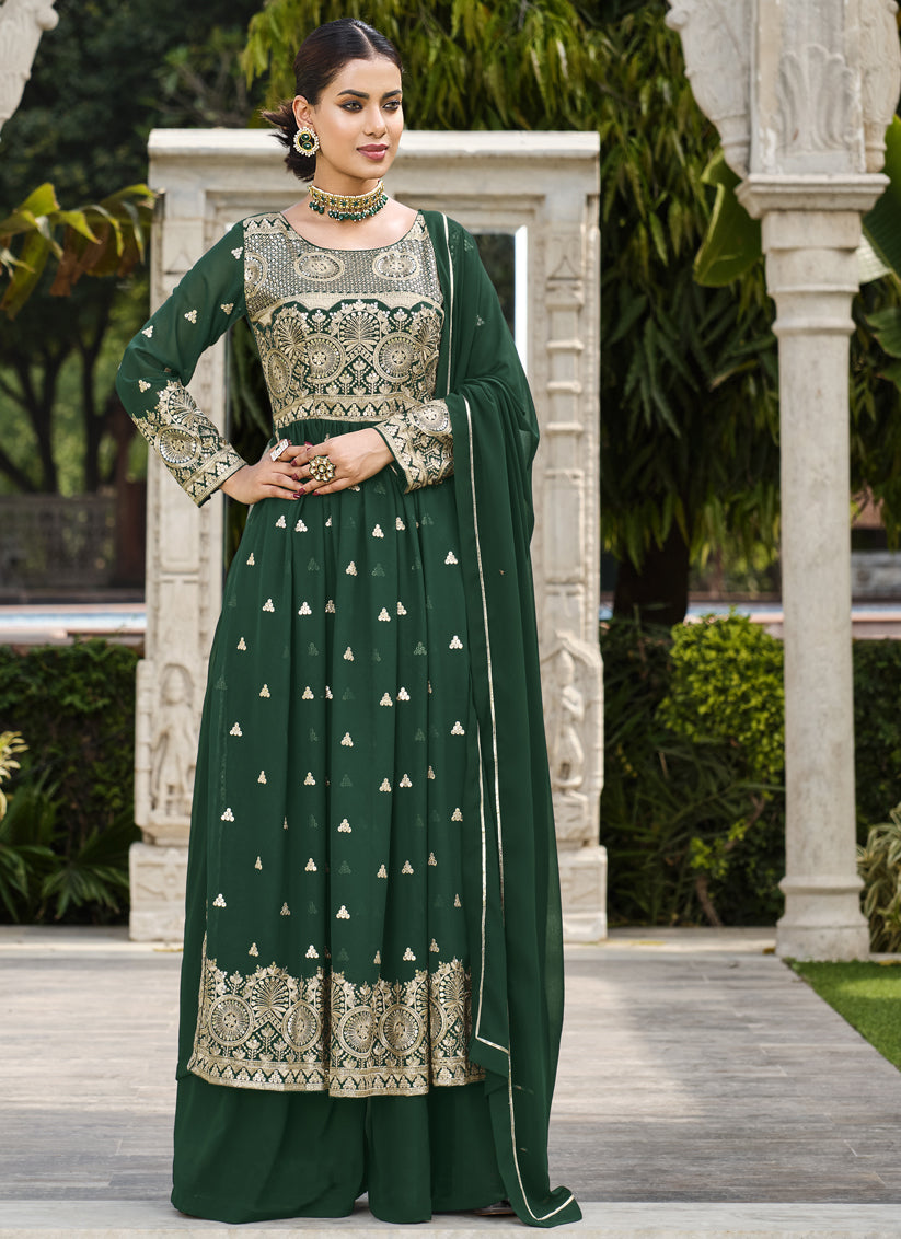 Bottle Green Georgette Anarkali Suit With Palazzo