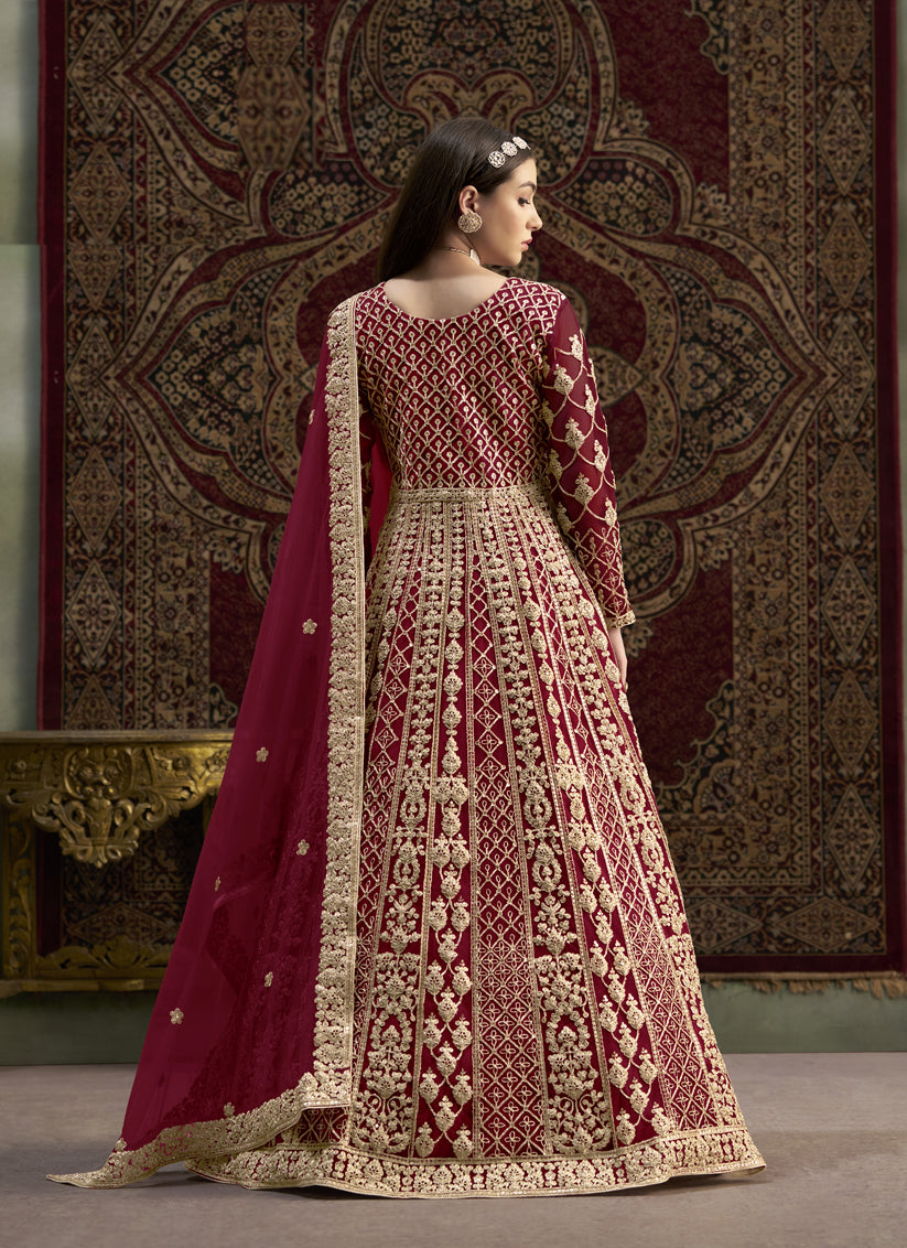 Maroon Havy Embroidered & Net Anarkali Suit for Festival