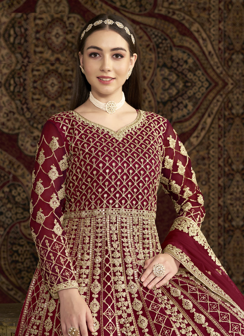 Maroon Havy Embroidered & Net Anarkali Suit for Festival