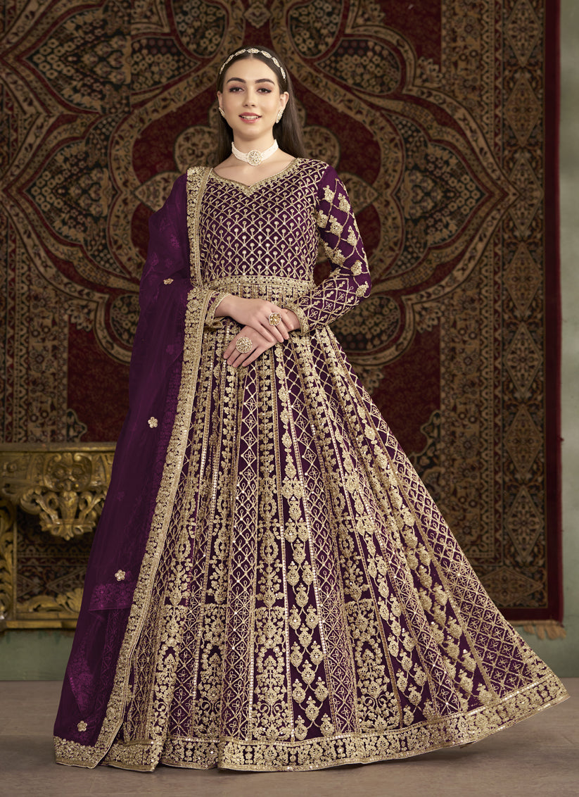 Wine Havy Embroidered & Net Anarkali Suit for Festival