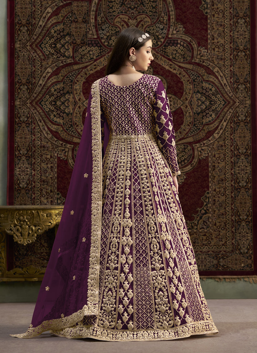 Wine Havy Embroidered & Net Anarkali Suit for Festival
