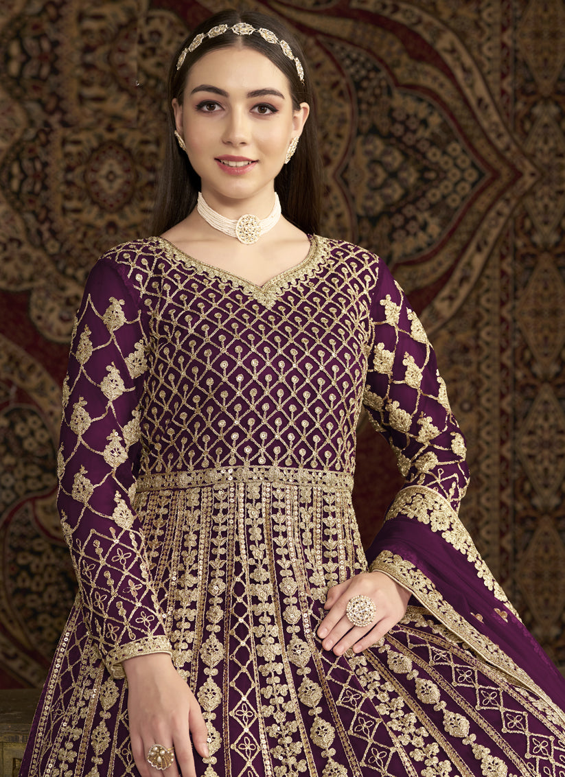 Wine Havy Embroidered & Net Anarkali Suit for Festival