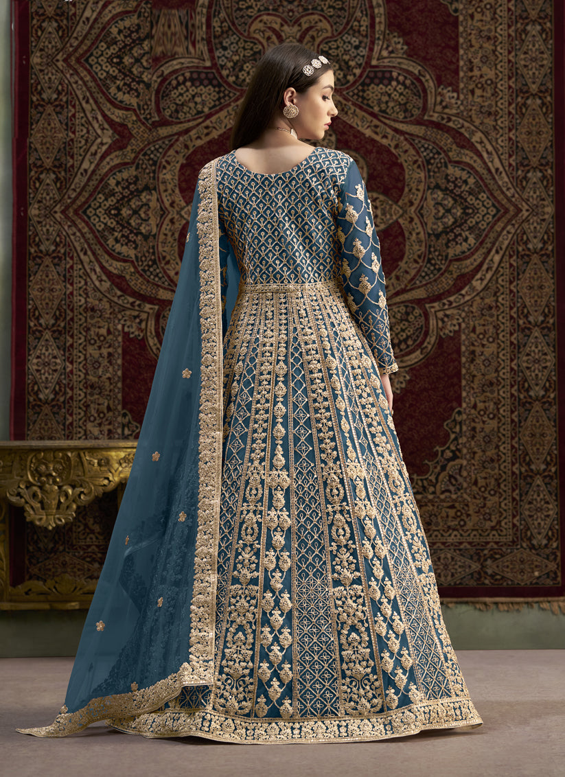 Prussian Blue Havy Embroidered & Net Anarkali Suit for Festival