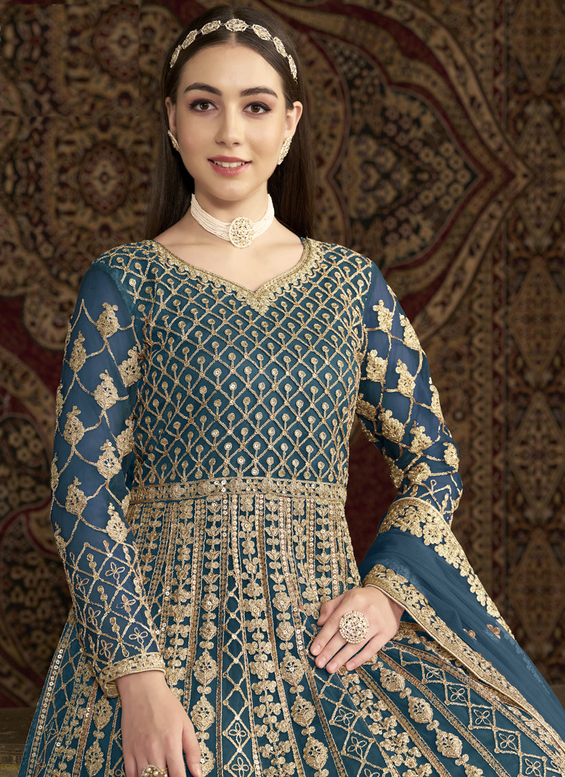 Prussian Blue Havy Embroidered & Net Anarkali Suit for Festival