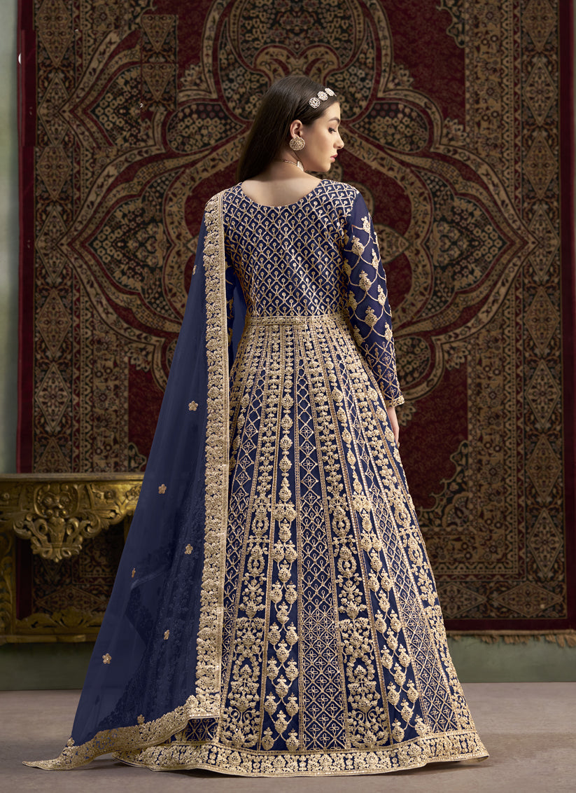 Navy Blue Havy Embroidered  & Net Anarkali Suit for Festival