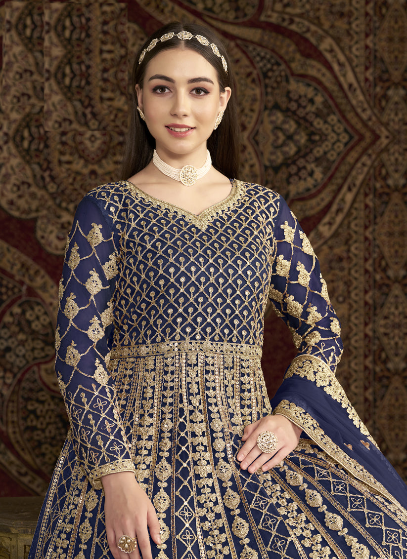 Navy Blue Havy Embroidered  & Net Anarkali Suit for Festival