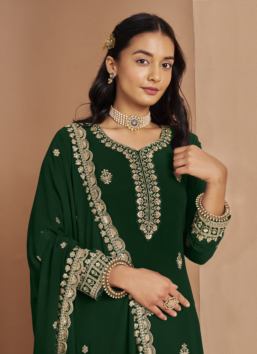 Bottle Green Faux Georgette & Embroidered Palazzo Kameez
