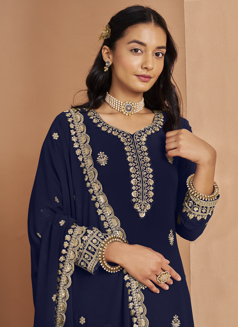 Navy Blue Faux Georgette & Embroidered Palazzo Kameez