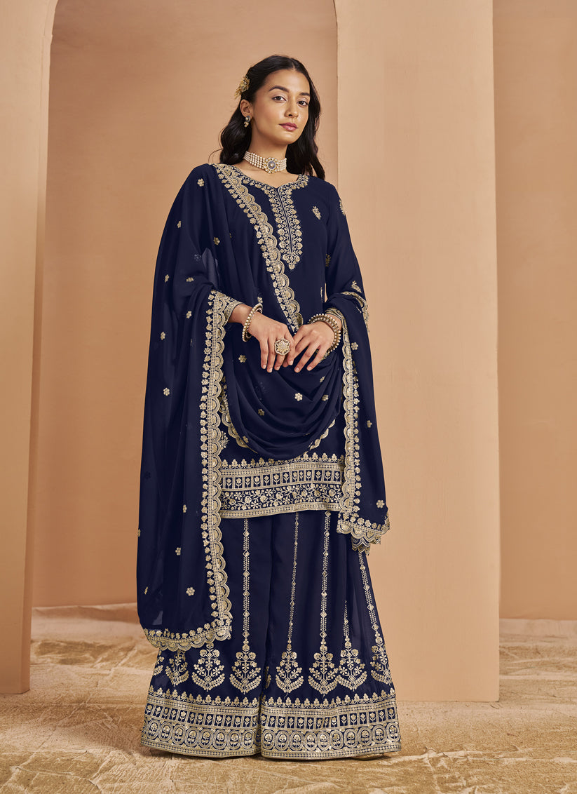 Navy Blue Faux Georgette & Embroidered Palazzo Kameez