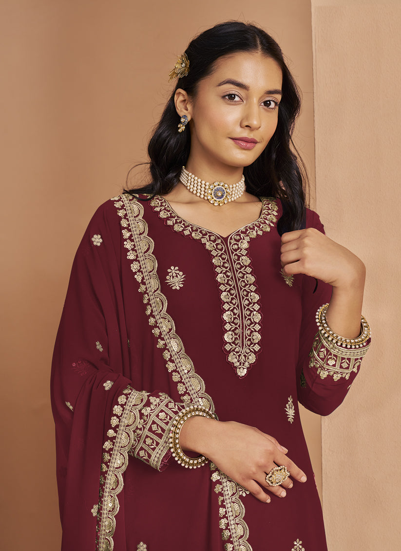 Maroon Faux Georgette & Embroidered Palazzo Kameez