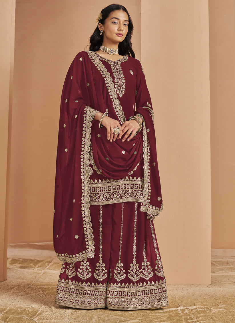 Maroon Faux Georgette & Embroidered Palazzo Kameez