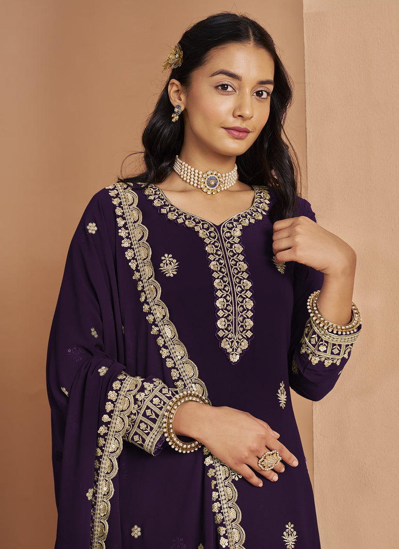 Dark Purple Faux Georgette & Embroidered Palazzo Kameez
