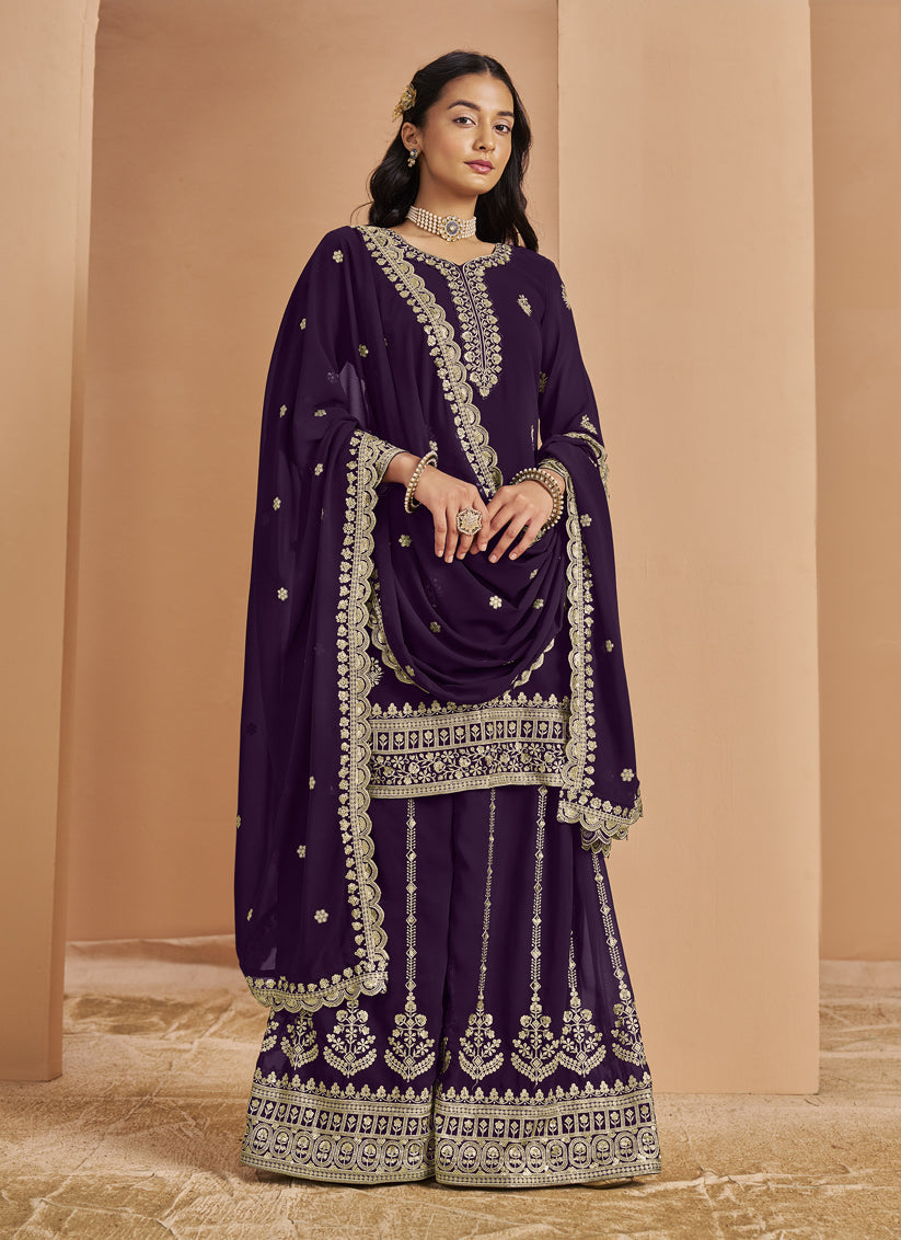 Dark Purple Faux Georgette & Embroidered Palazzo Kameez