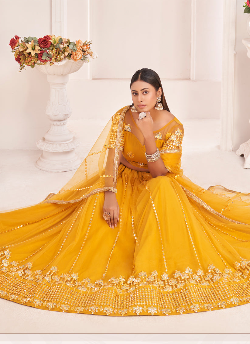 Golden Yellow Net Embroidered Lehenga Choli