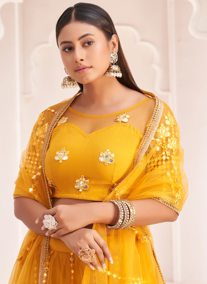 Golden Yellow Net Embroidered Lehenga Choli