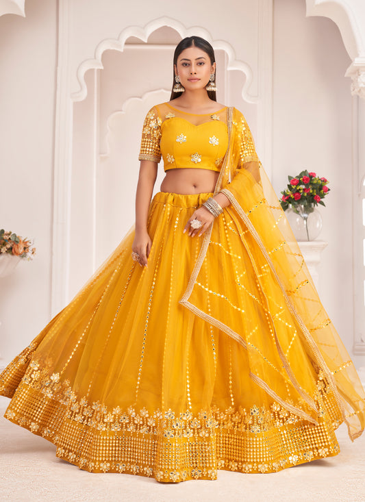 Golden Yellow Net Embroidered Lehenga Choli