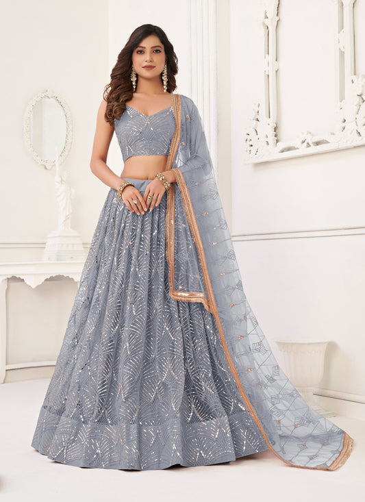 Smoke Grey Net Embroidered Lehenga Choli