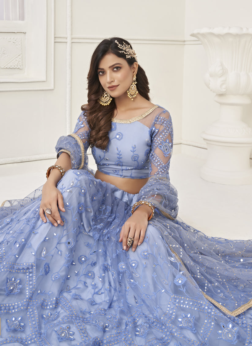 Powder Blue Butterfly Net Designer Lehenga Choli Set