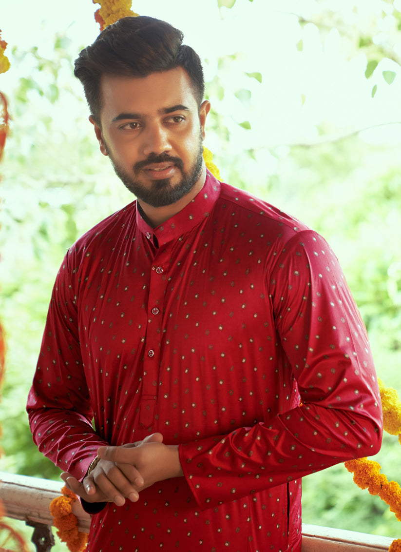Rust Red Gaji Silk Printed Mens Kurta