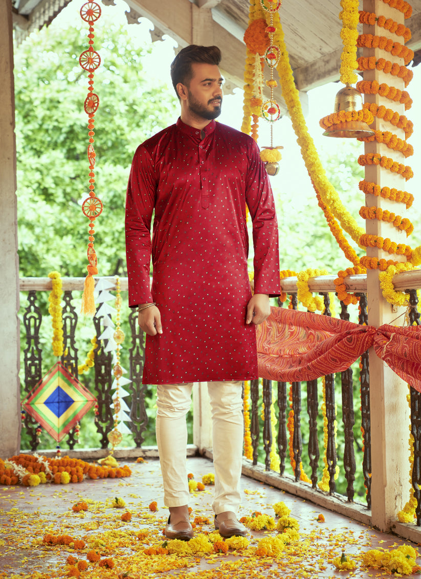 Rust Red Gaji Silk Printed Mens Kurta