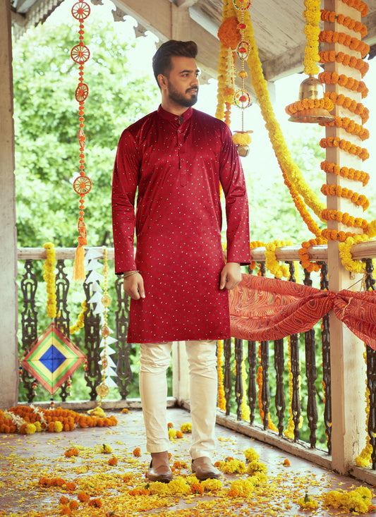Rust Red Gaji Silk Printed Mens Kurta
