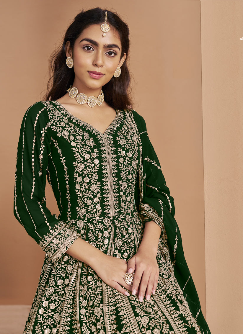 Bottle Green Faux Georgette & Heavy Embroidered Anarkali Suit