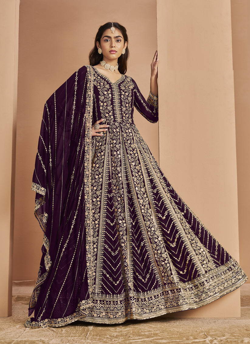 Violet Faux Georgette & Heavy Embroidered Anarkali Suit