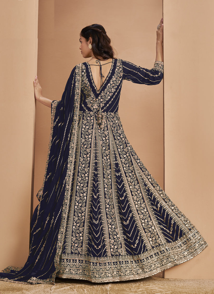 Navy Blue Faux Georgette & Heavy Embroidered Anarkali Suit