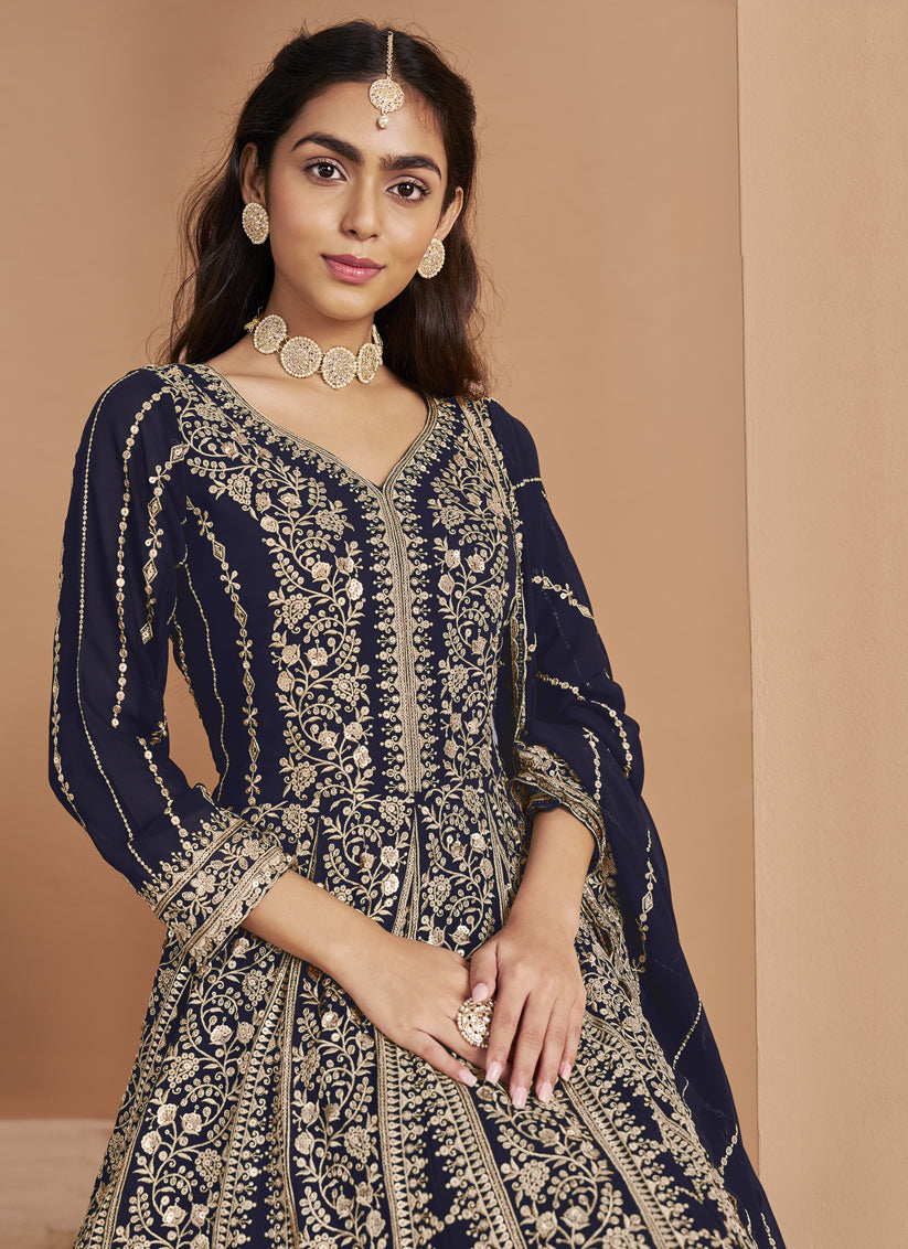 Navy Blue Faux Georgette & Heavy Embroidered Anarkali Suit