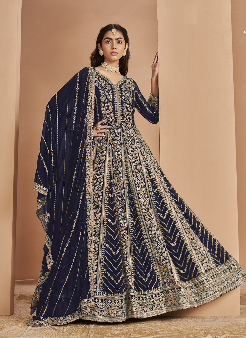 Navy Blue Faux Georgette & Heavy Embroidered Anarkali Suit