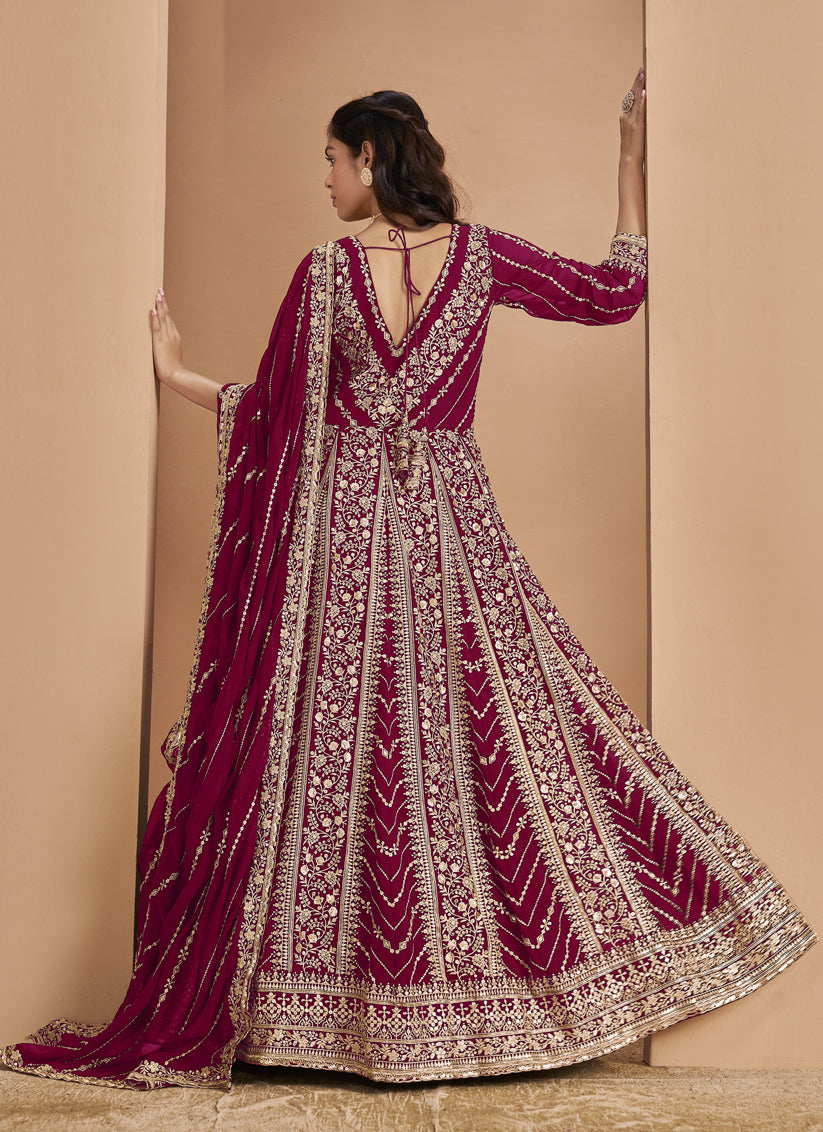 Raspberry Faux Georgette & Heavy Embroidered  Anarkali Suit