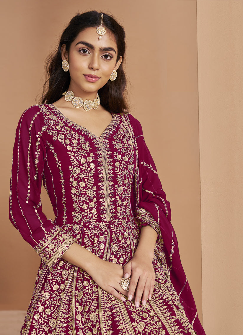 Raspberry Faux Georgette & Heavy Embroidered  Anarkali Suit