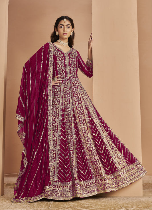 Raspberry Faux Georgette & Heavy Embroidered  Anarkali Suit
