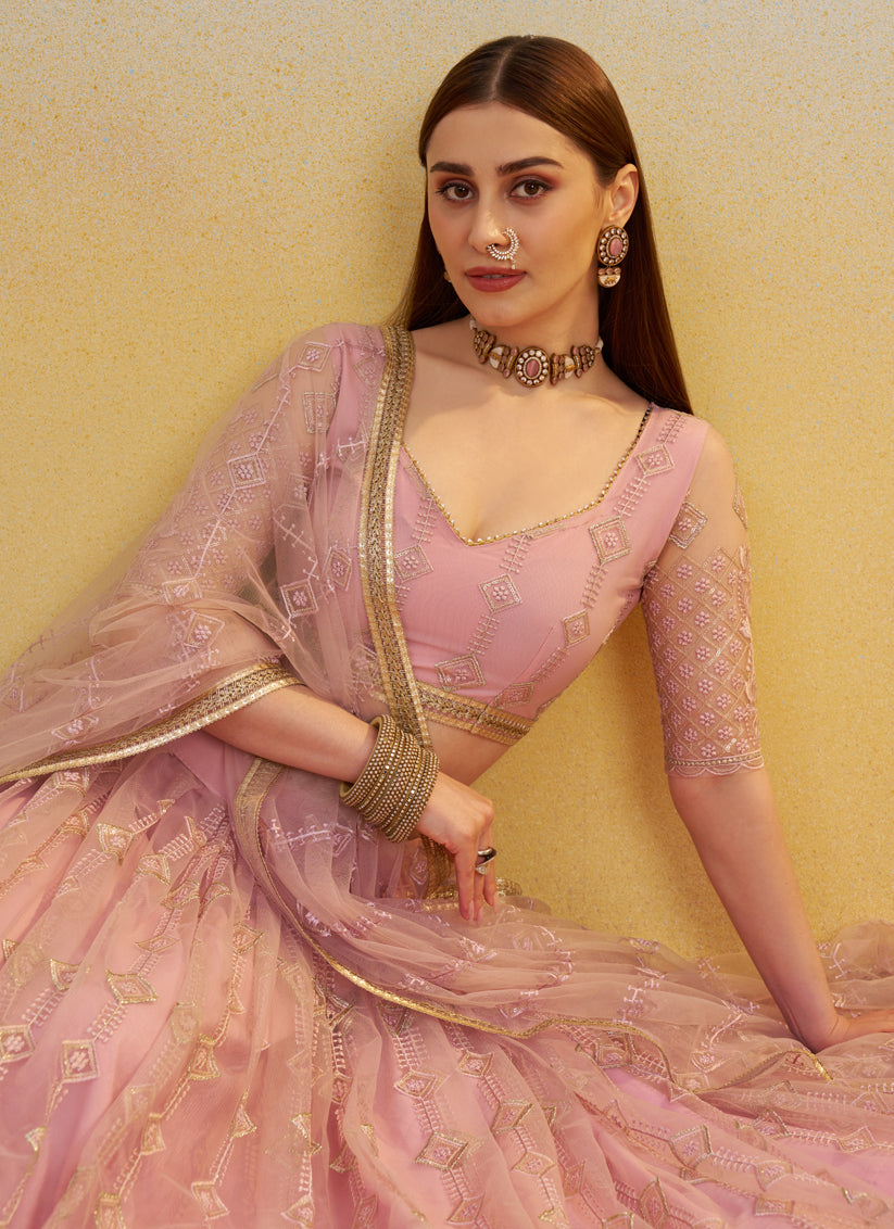 Rose Pink Net Designer Embroidered Lehenga Choli Set