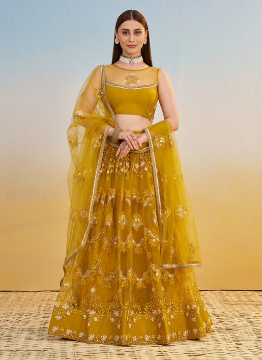 Mustard Net Designer Embroidered Lehenga Choli Set