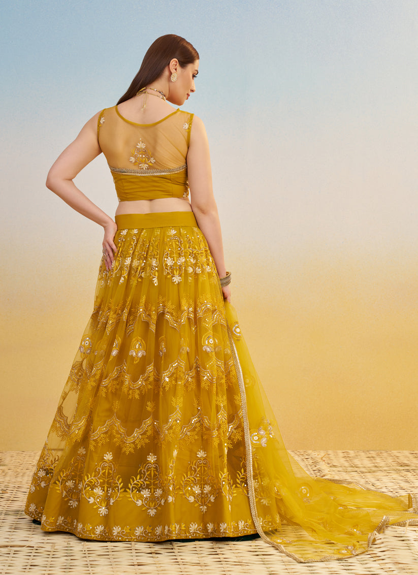 Mustard Net Designer Embroidered Lehenga Choli Set