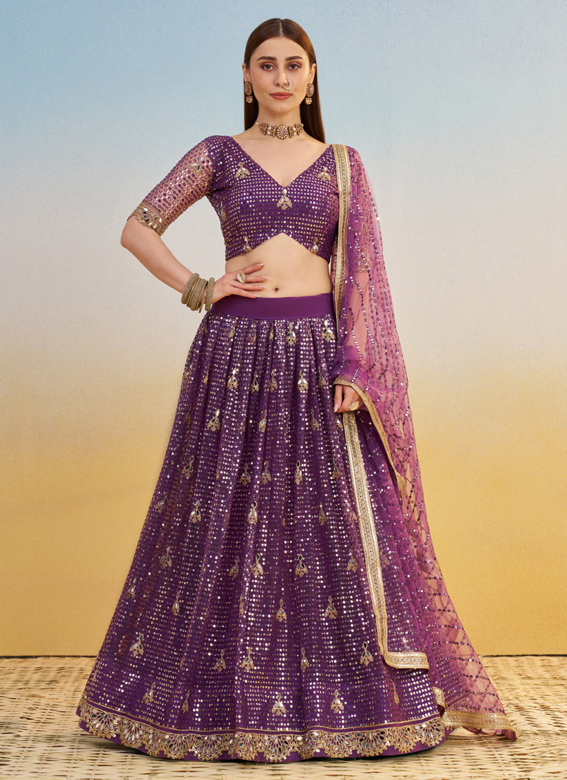 Wine Net Designer Embroidered Lehenga Choli Set