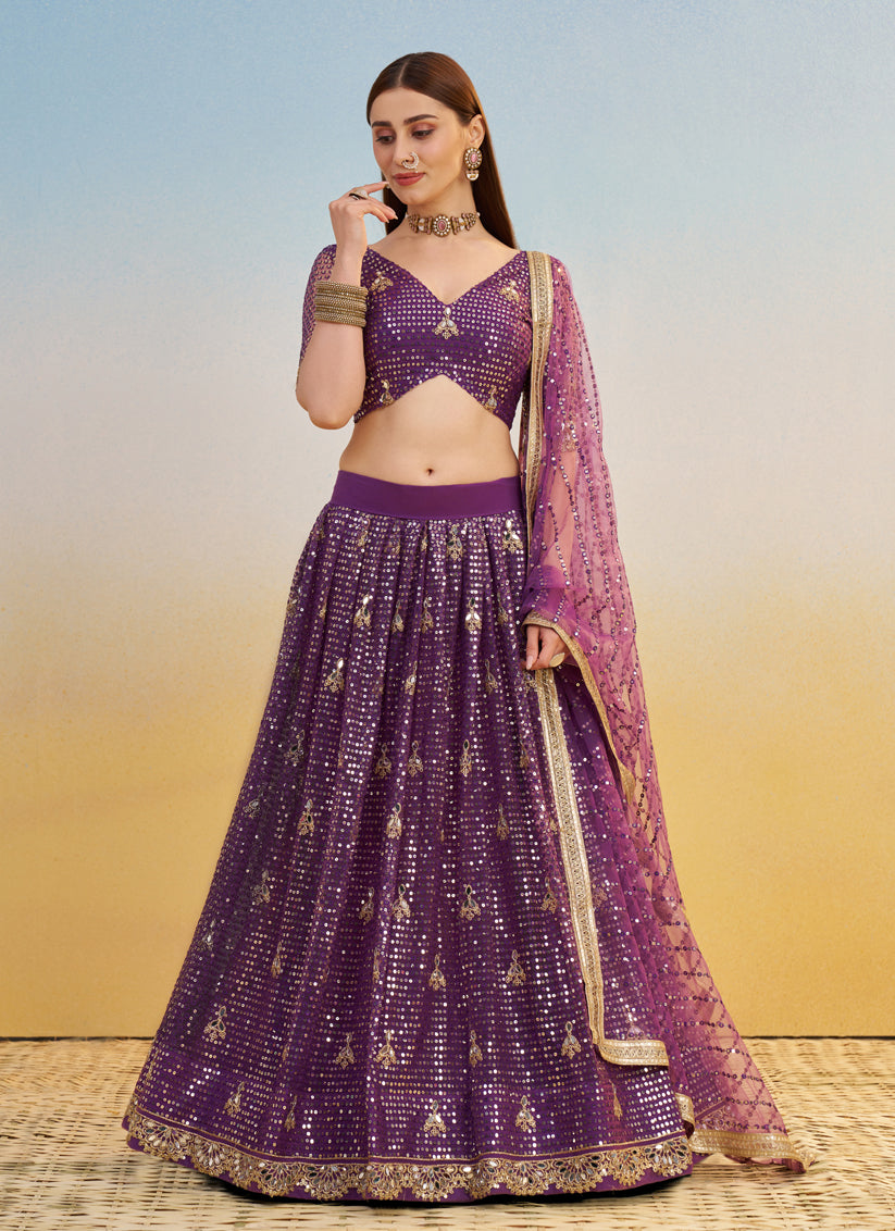 Wine Net Designer Embroidered Lehenga Choli Set