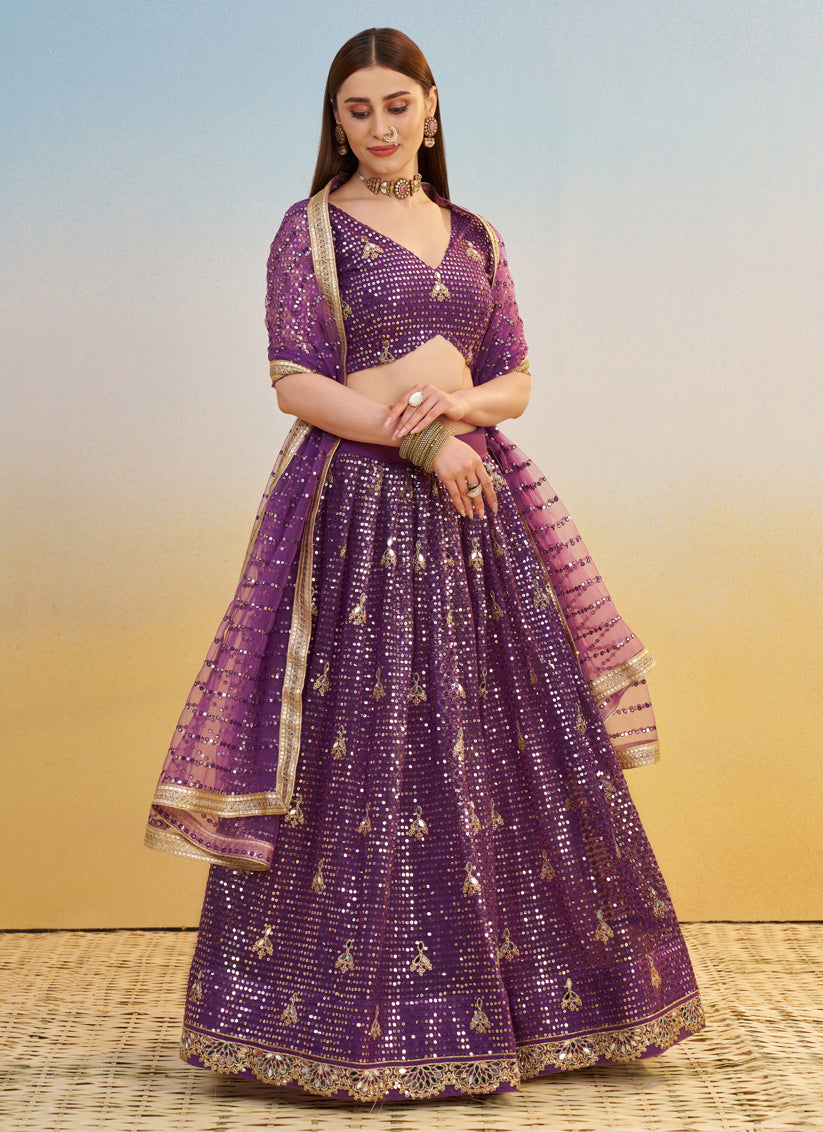 Wine Net Designer Embroidered Lehenga Choli Set